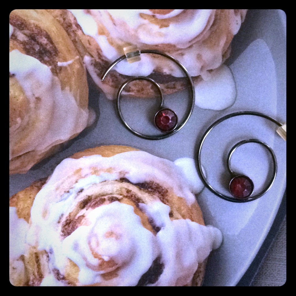 Platinum & Red Gem Swirl Earrings